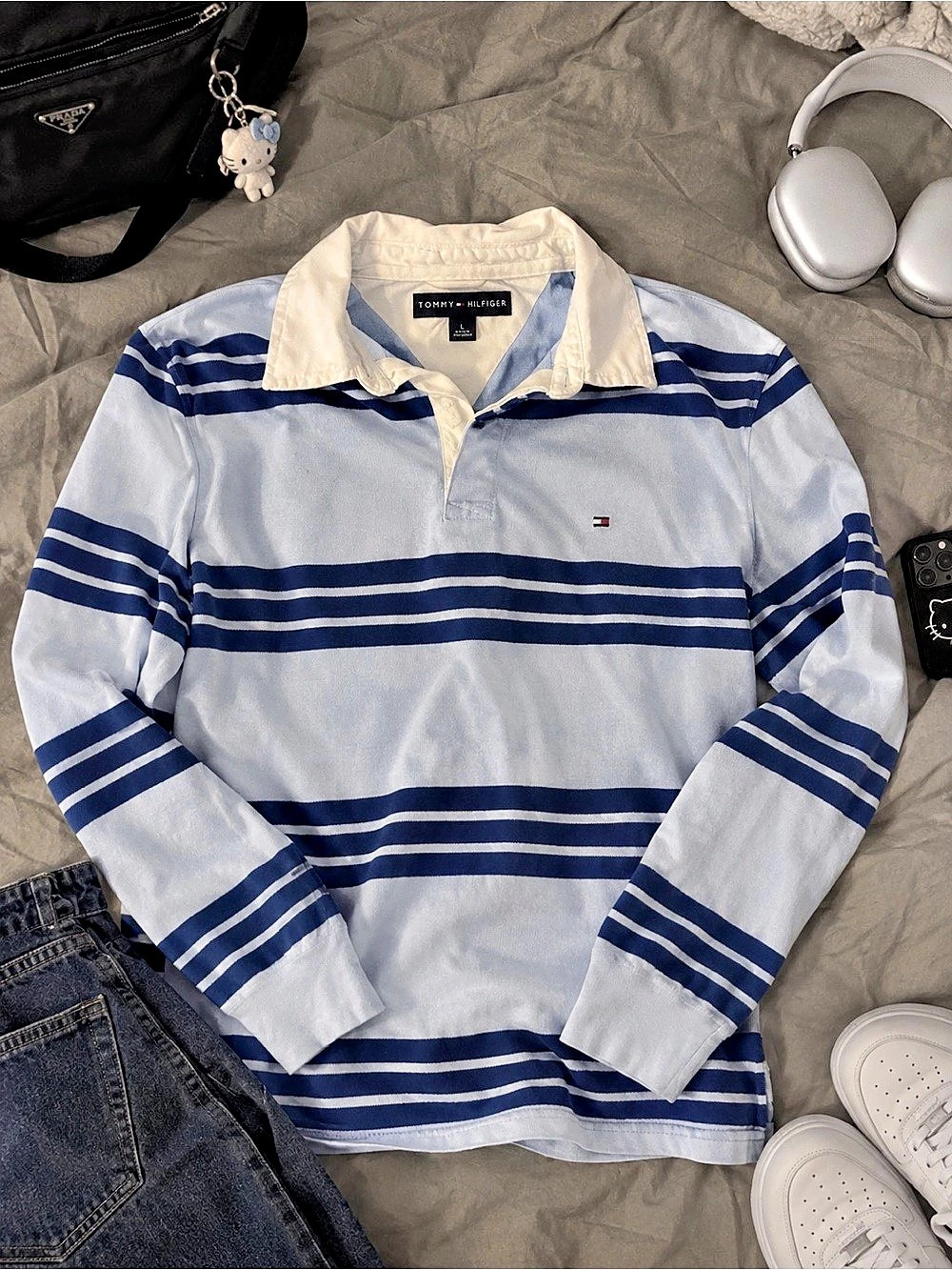 Tommy Hilfiger Long-Sleeve Striped Rugby Shirt Blue & White Large